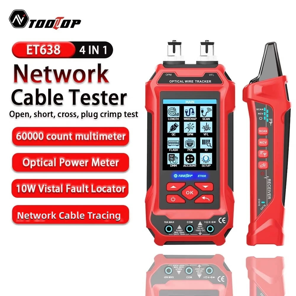 TOOLTOP Ethernet-Kabeltester Multimeter Optischer Leistungsmesser Roter Laser Rauschfreie Kabelverfolgung POE-Spannung QC-Crimptest