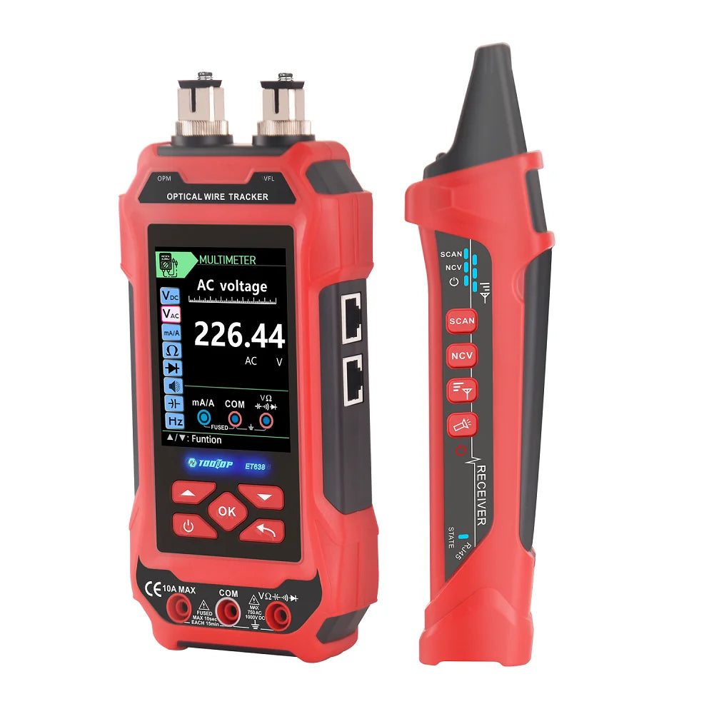 TOOLTOP Ethernet-Kabeltester Multimeter Optischer Leistungsmesser Roter Laser Rauschfreie Kabelverfolgung POE-Spannung QC-Crimptest