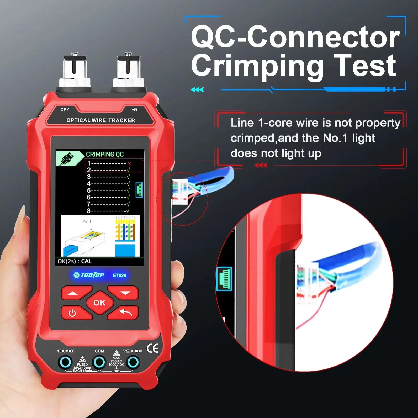 TOOLTOP Ethernet-Kabeltester Multimeter Optischer Leistungsmesser Roter Laser Rauschfreie Kabelverfolgung POE-Spannung QC-Crimptest