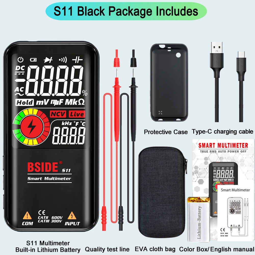 BSIDE S10 Smart Digital Multimeter Profesional 9999 Multitester DC AC Voltage Capacitor Ohm Diode USB Recharge Electric Tester