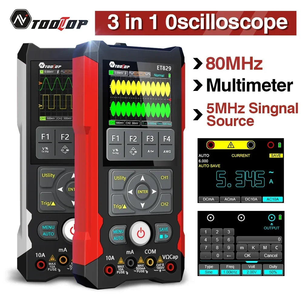 TOOLTOP ET829 2-Kanal-80-MHz-Digitalspeicheroszilloskop, Multimeter, Signalgenerator, 3-in-1, elektronische Auto-Stromversorgung, Reparatur
