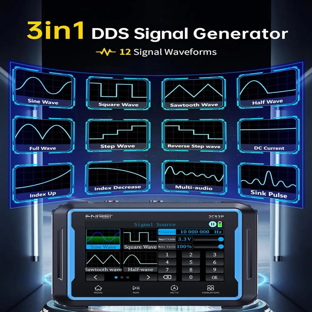 FNIRSI 2C53P digitális oszcilloszkóp 3 az 1-ben érintőképernyős multiméter jelforrás 2 csatorna 50MHz 250Ms/S 19999 Számok