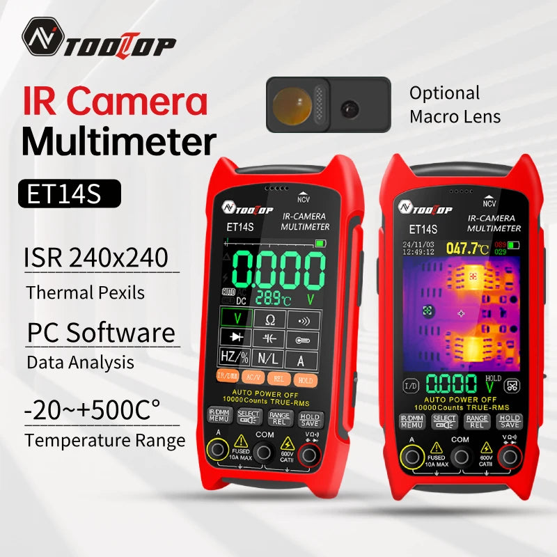TOOLTOP ET14S 2,8 Zoll Wärmebildkamera AC/DC Stromspannungsmultimeter ISR 240x240 IR-Kamera Pipeline-Heizung Elektronische Inspektion