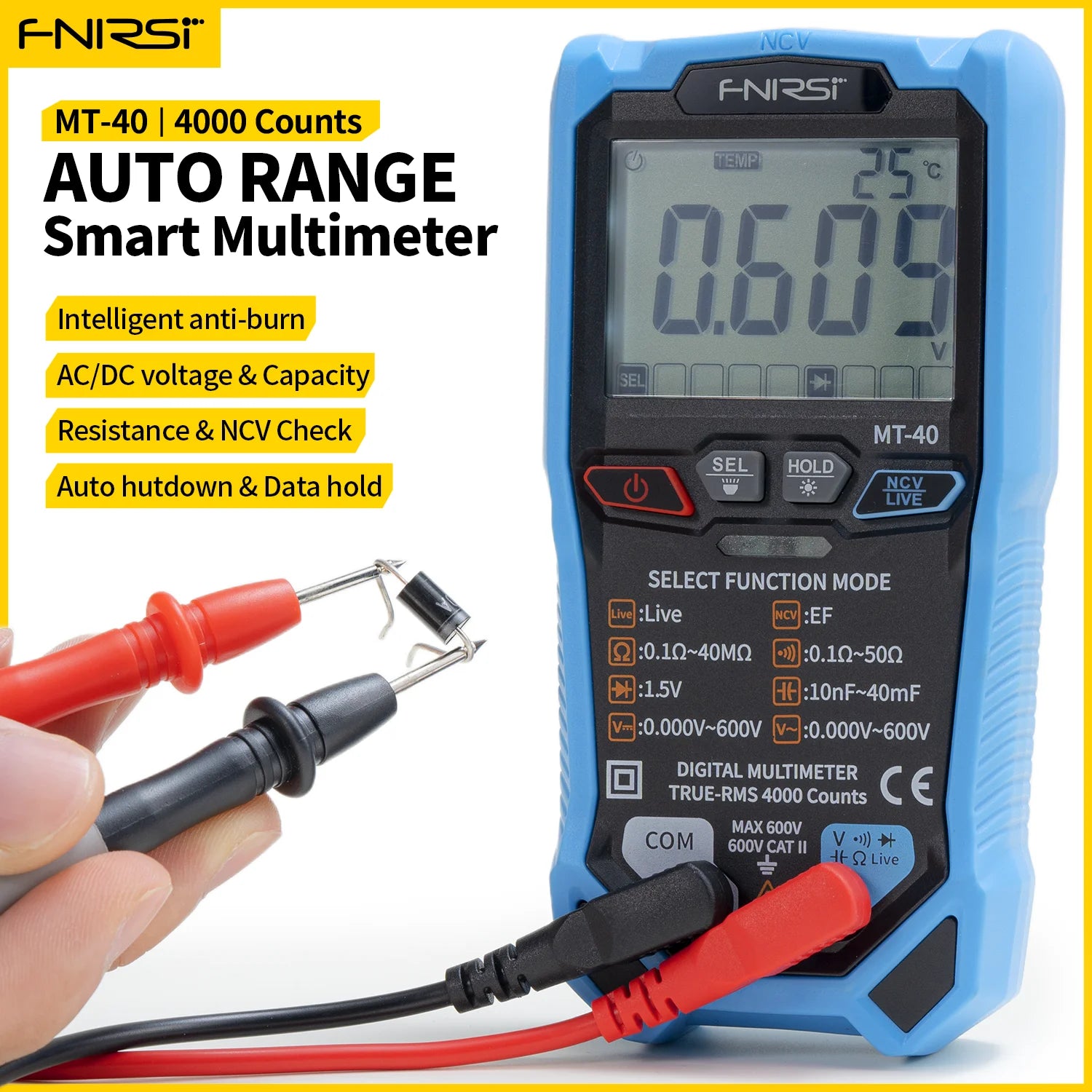 FNIRSI MT-40 Smart Digital Voltage and Current Meter 4000 Counts True RMS AC DC 600V Capacitance NCV Live Wire Test Auto Range