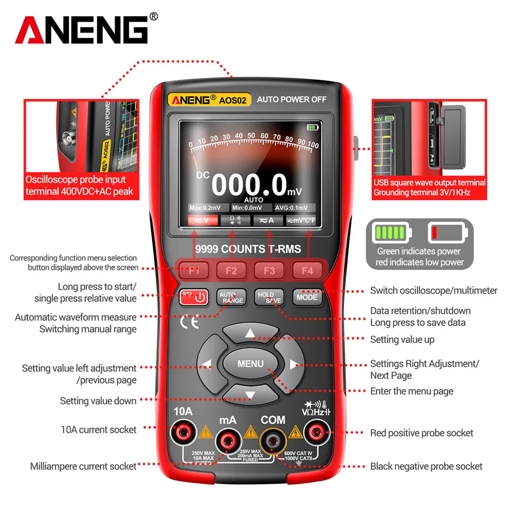 ANENG AOS02 Digital Oscilloscope 48MS/s Sampling Rate 10MHZ Analog Transistor Test Multimeter Bandwidth Support Waveform Storage