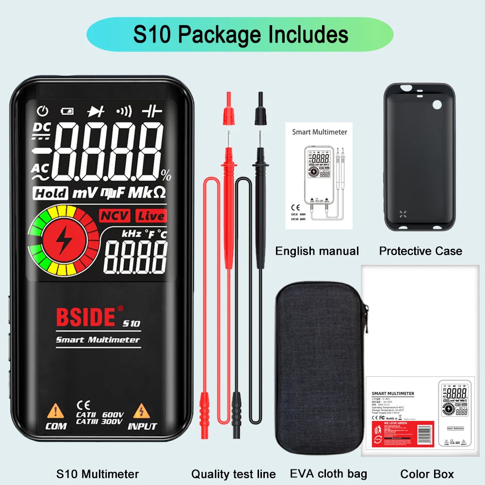 BSIDE S10 Smart Digital Multimeter Profesional 9999 Multitester DC AC Voltage Capacitor Ohm Diode USB Recharge Electric Tester