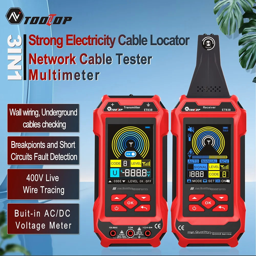 TOOLTOP 400-V-Kabelsuchgerät, unterirdisches Wandkabel, Wasserrohr-Tracker, Stromkreisunterbrechung, Kurzschlusstest, Multimeter, Netzwerktester, 3-in-1