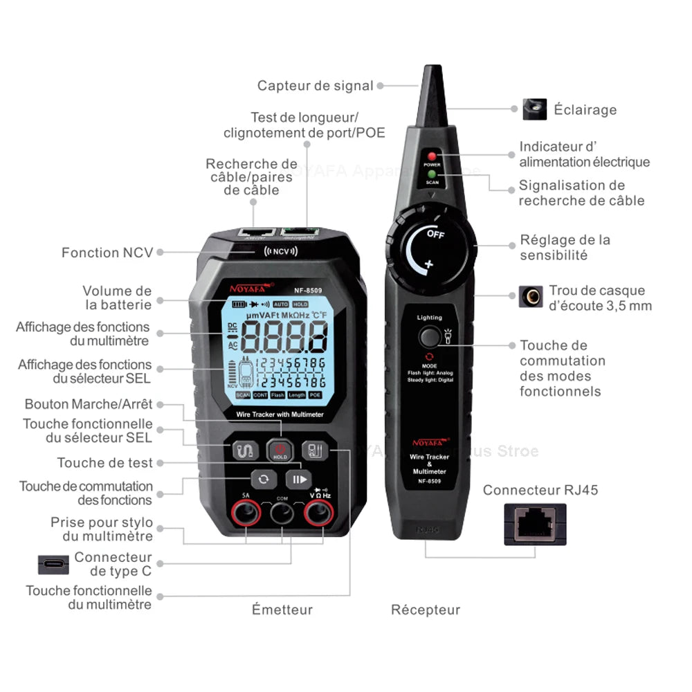 NOYAFA NF 8509 New Upgrade Network Cable Tester For Multimeter Current Voltage Resistance POE Test NCV AC DC LCD Wire Tracke