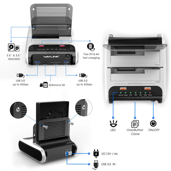 Wavlink USB 3.0 Externes Festplattengehäuse 2,5" 3,5" SSD HDD Schneller Offline-Klon SATA Dual Bay Dockingstation SD-Kartenleser