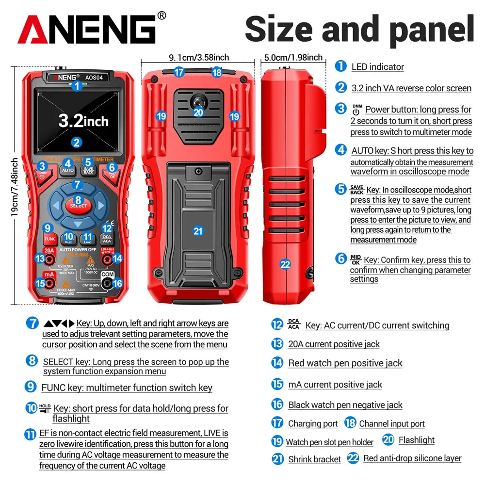 ANENG AOS04 Handheld Oscilloscope Multimeter Digital 50MS/s Sampling Rate Bandwidth Waveform AC Voltage Capacitance Ohm Test Too