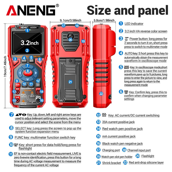 ANENG AOS04 Handheld Oscilloscope Multimeter Digital 50MS/s Sampling Rate Bandwidth Waveform AC Voltage Capacitance Ohm Test Too