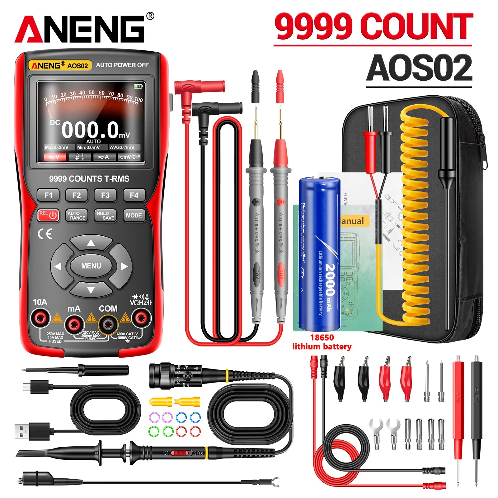 ANENG AOS02 Digital Oscilloscope 48MS/s Sampling Rate 10MHZ Analog Transistor Test Multimeter Bandwidth Support Waveform Storage
