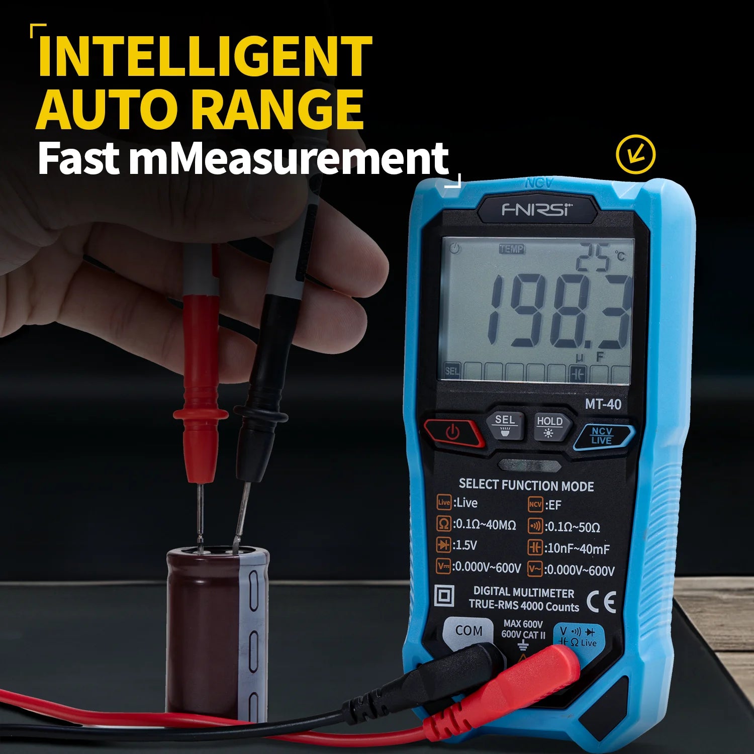 FNIRSI MT-40 Smart Digital Voltage and Current Meter 4000 Counts True RMS AC DC 600V Capacitance NCV Live Wire Test Auto Range