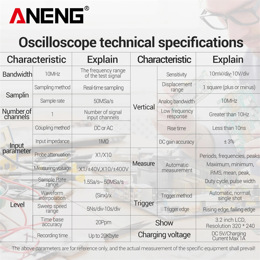 ANENG AOS04 Handheld Oscilloscope Multimeter Digital 50MS/s Sampling Rate Bandwidth Waveform AC Voltage Capacitance Ohm Test Too