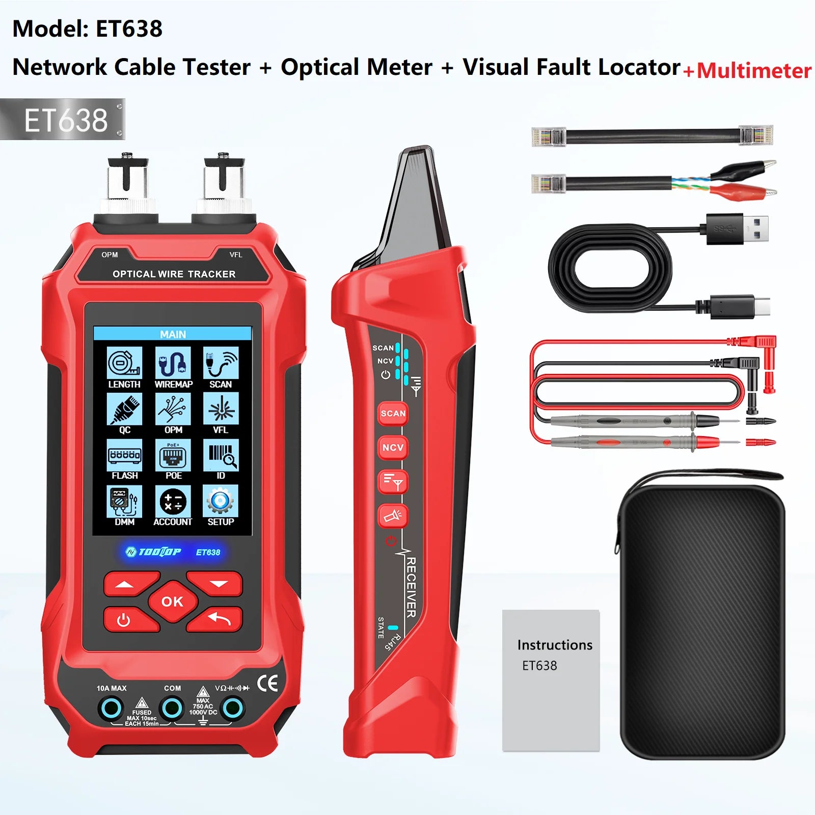 TOOLTOP Ethernet-Kabeltester Multimeter Optischer Leistungsmesser Roter Laser Rauschfreie Kabelverfolgung POE-Spannung QC-Crimptest