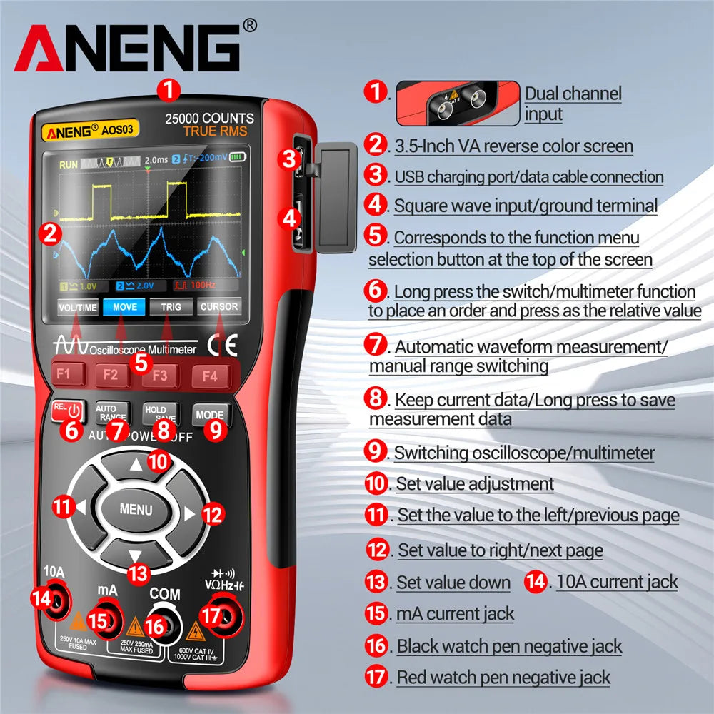 ANENG AOS03 Digital Multimeter 280MS Rate PC Waveform 50MHz Bandwidth Data Storage Dual Oscilloscope Signal Generator Tools
