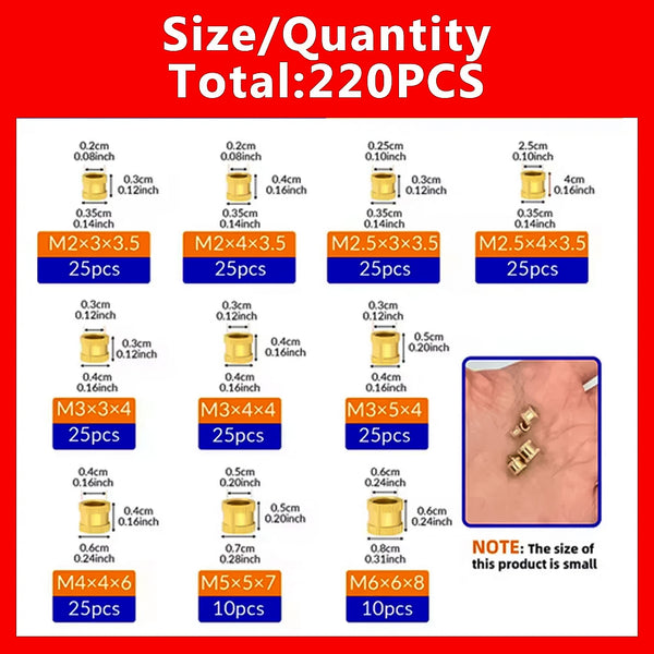 220 pezzi/1 set M2 M2.5 M3 M4 M5 M6 Dado a inserto termico in ottone Dado a inserto termofusibile Filettatura zigrinata Dadi a doppia trama