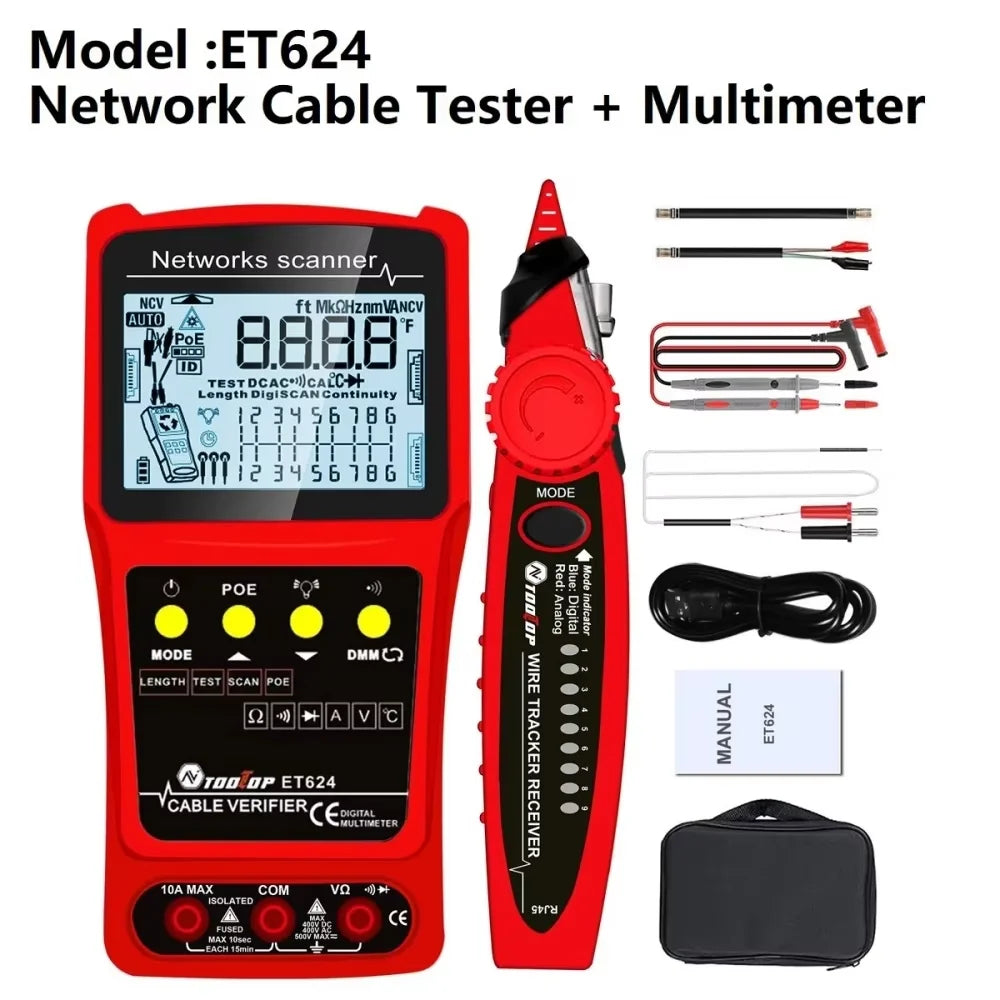 TOOLTOP 3 in 1 LAN Cable Tester Visual Fault Locator Multimeter 600M Length Measure Cable Mapping POE Rj45 Network Cable Tracker