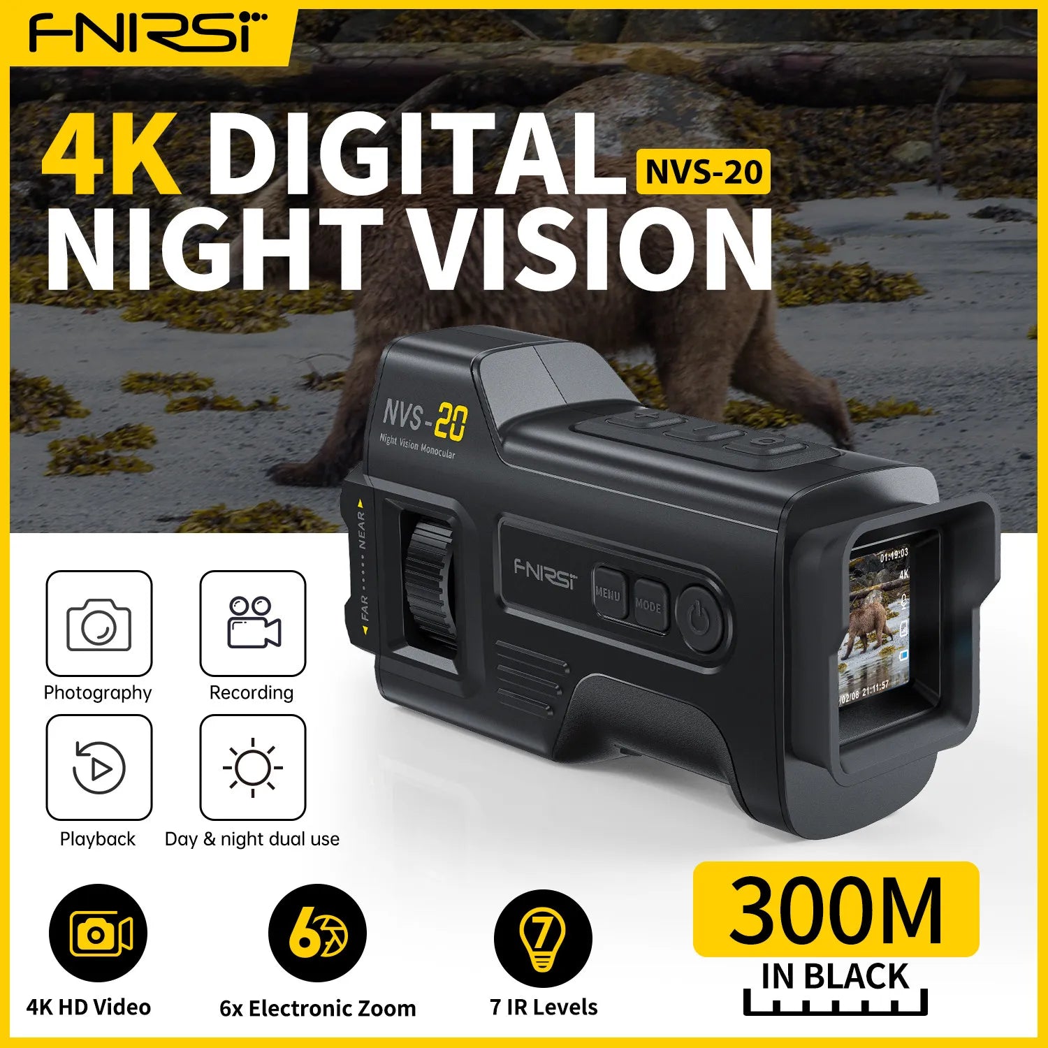 FNIRSI NVS-20 Monocular Telescope Night Vision Device 4K HD 6X Digital Zoom Device Day Night Dual Use or 300m Hunting Camping