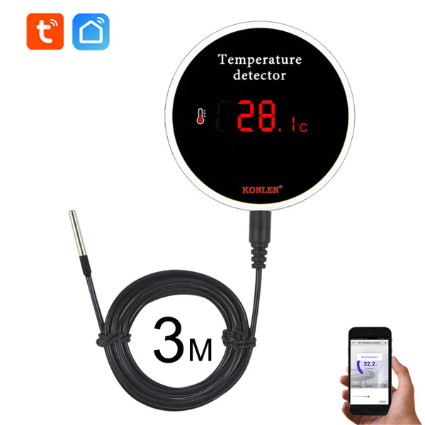 Sensore di temperatura Wi-Fi KONLEN Tuya con sonda a filo da 3 m, termometro digitale Smartlife, termostato intelligente per piscina e casa, allarme remoto.