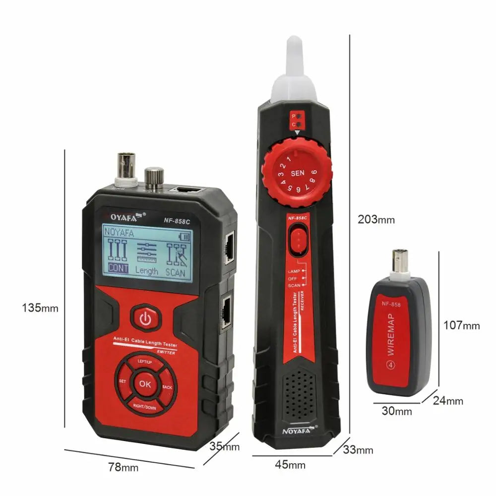 Tester per cavi di rete NOYAFA NF-858C, localizzatore di linee POE BNC, test con luce rossa lampeggiante, misurazione della lunghezza del cavo.
