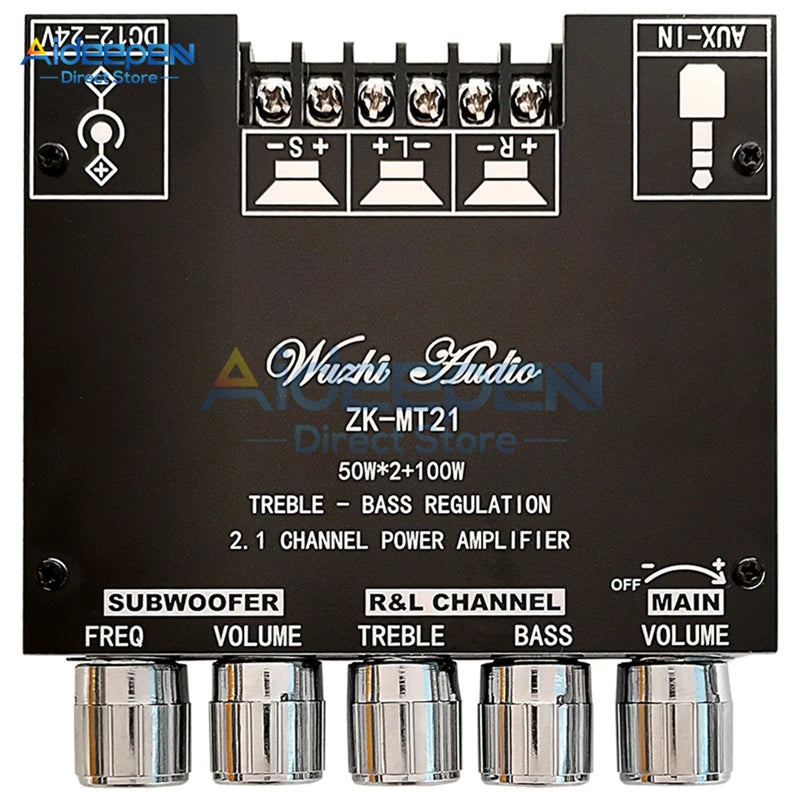 MT21 Placa amplificadora de subwoofer Bluetooth 5.0 de 2.1 canales, 50W x 2 + 100W, amplificador de audio estéreo, amplificador de graves, AUX.