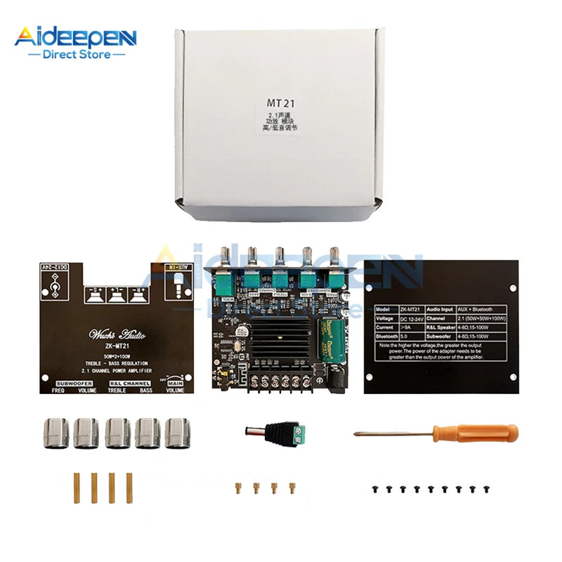 MT21 Placa amplificadora de subwoofer Bluetooth 5.0 de 2.1 canales, 50W x 2 + 100W, amplificador de audio estéreo, amplificador de graves, AUX.