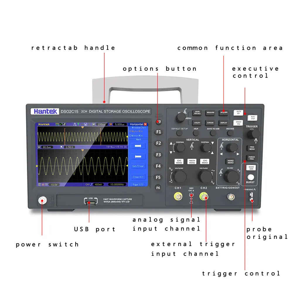 Hantek Digital Oscilloscope DSO2C10 DSO2D15 DSO2D10 DSO2C15 2 Channels 100Mhz/150Mhz Bandwidth USB Osciloscopio Portable Meter