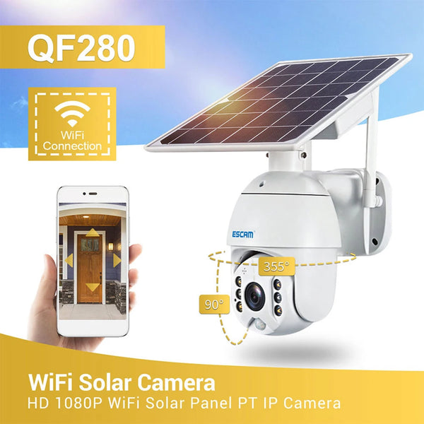 IP Camera ESCAM QF280 1080P Solar Waterproof Wireless Wifi PIR Alarm Night Vision PTZ IP Camera
