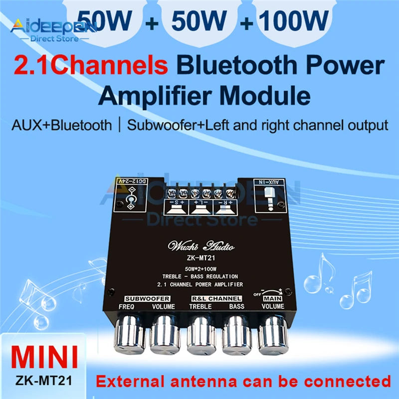 MT21 Placa amplificadora de subwoofer Bluetooth 5.0 de 2.1 canales, 50W x 2 + 100W, amplificador de audio estéreo, amplificador de graves, AUX.