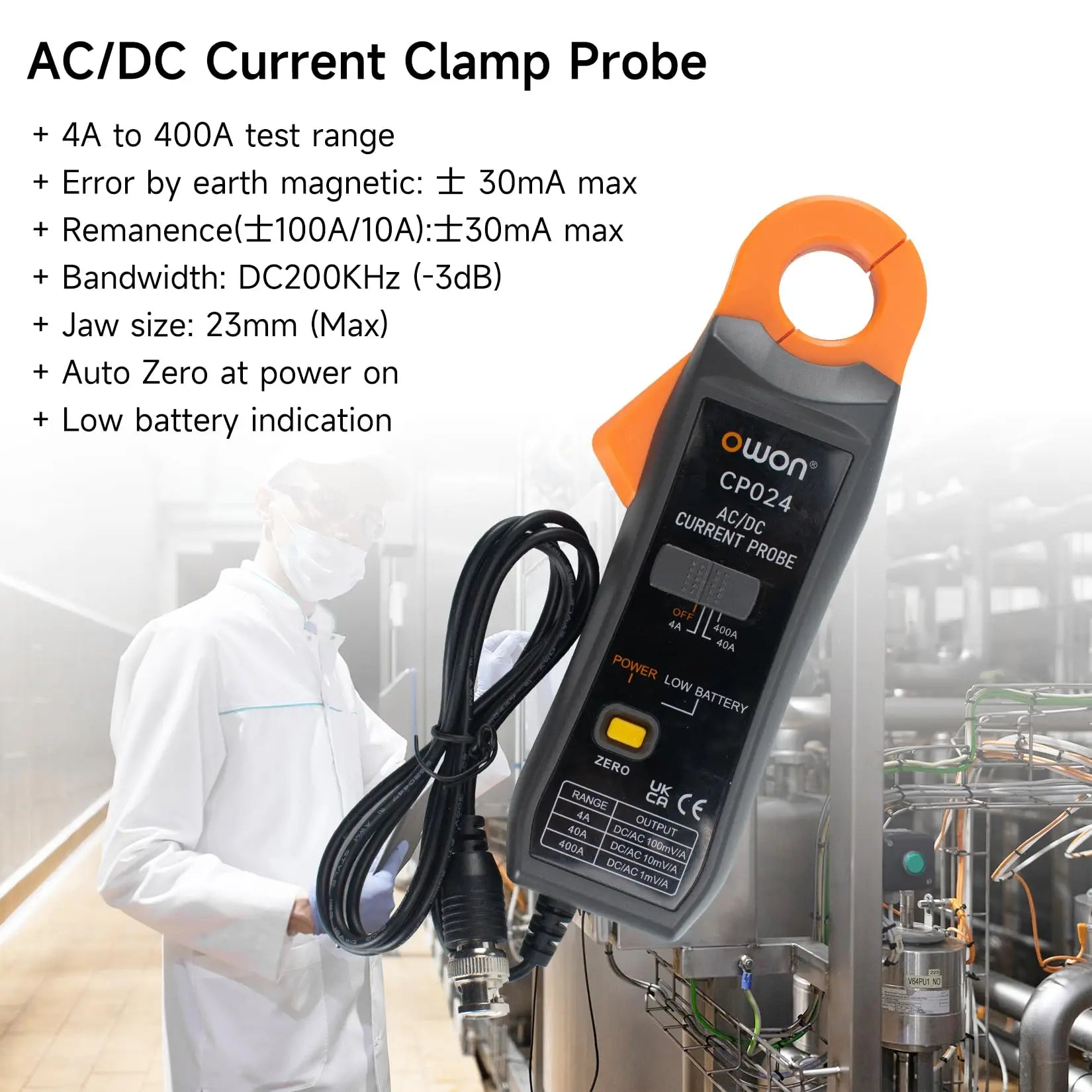 OWON CP024 AC/DC Clamp Probe Tester, DC-AC Current Probe For Digital Storage Oscilloscopes, Jawed Triple Gear Current Clamp