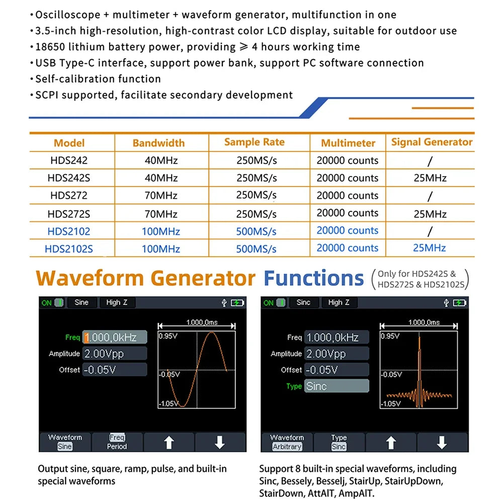 OWON HDS2102S HDS272S HDS242S Handheld Digital Oscilloscope 100MHz Bandwidth 500MS/s 2CH + 1CH Generator Multimeter osciloscopio