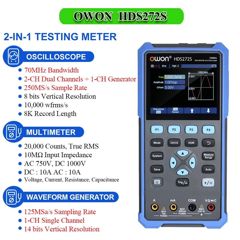 OWON HDS2102S HDS272S HDS242S Handheld Digital Oscilloscope 100MHz Bandwidth 500MS/s 2CH + 1CH Generator Multimeter osciloscopio