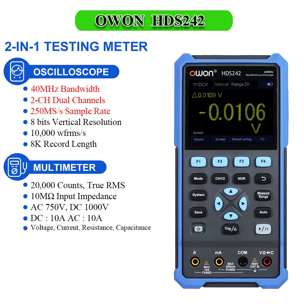 OWON HDS2102S HDS272S HDS242S Handheld Digital Oscilloscope 100MHz Bandwidth 500MS/s 2CH + 1CH Generator Multimeter osciloscopio