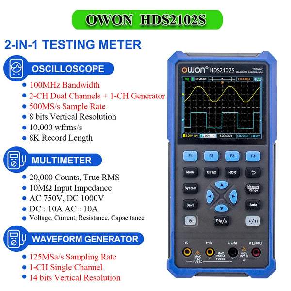 OWON HDS2102S HDS272S HDS242S Handheld Digital Oscilloscope 100MHz Bandwidth 500MS/s 2CH + 1CH Generator Multimeter osciloscopio