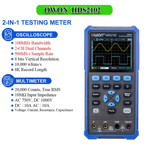 OWON HDS2102S HDS272S HDS242S Handheld Digital Oscilloscope 100MHz Bandwidth 500MS/s 2CH + 1CH Generator Multimeter osciloscopio