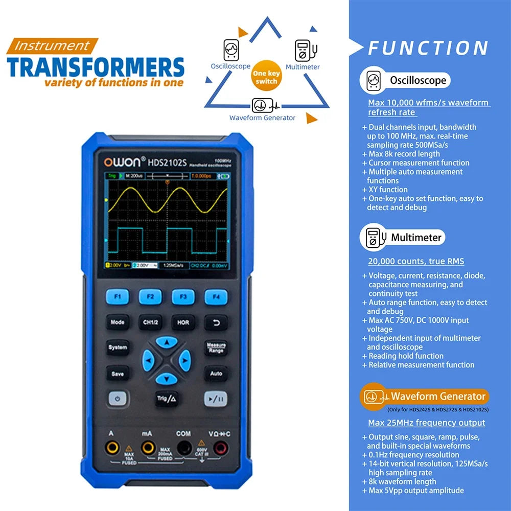 OWON HDS2102S HDS272S HDS242S Handheld Digital Oscilloscope 100MHz Bandwidth 500MS/s 2CH + 1CH Generator Multimeter osciloscopio