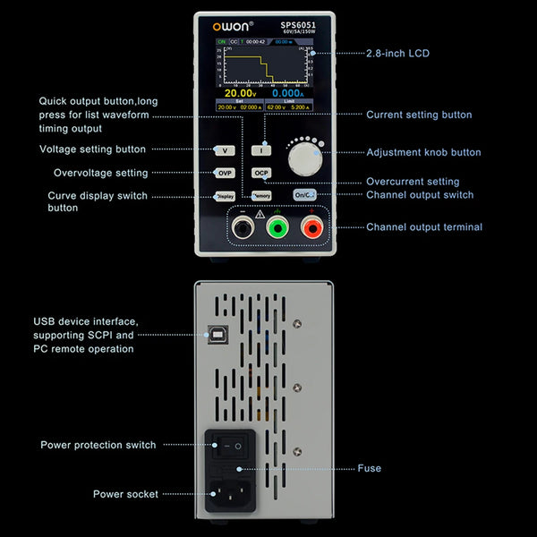 OWON SPS3081 SPS6051 Silent Fanless Series Programmable Linear DC Power Supply Digital Switching Regulator 2.8 Inch TFT LCD