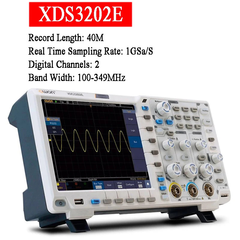 OWON XDS3202E Digital Oscilloscope 1GS/s 200MHz 2 Channels 40M Record Length 8 Bits 8Inch USB I2C SPI RS232 CAN 2CH Oscilloscope