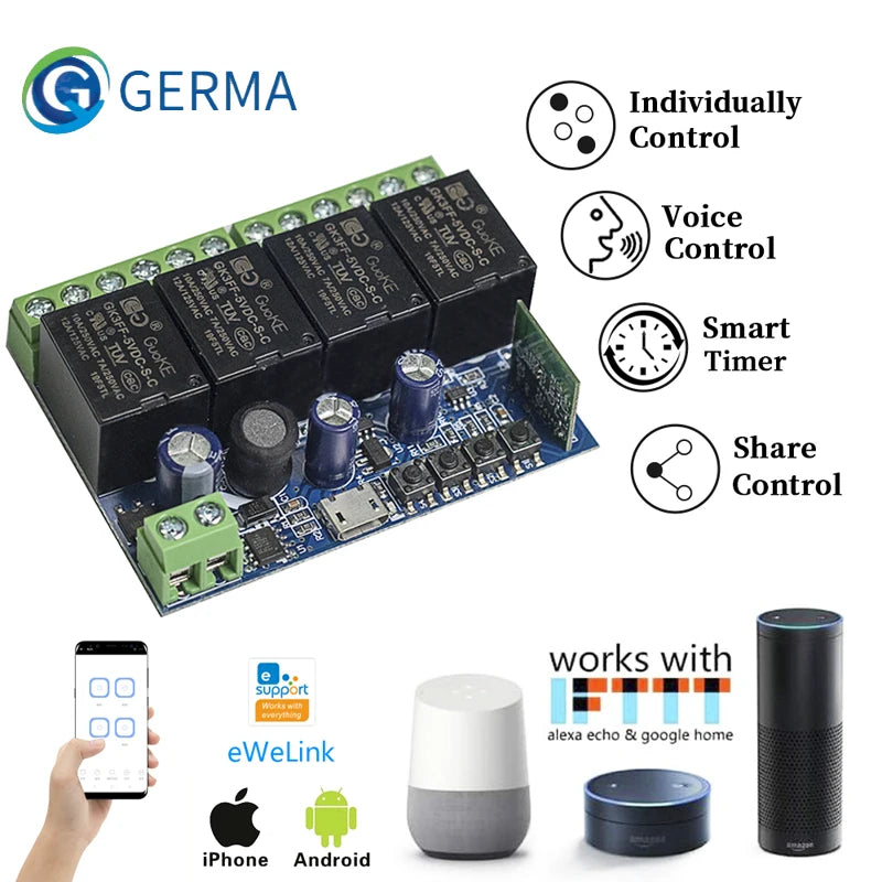 GERMA Input USB 5V DC 5 12 24 36 48V eWeLink Smart Wifi Switch Wireless Relay Receiver Module 4CH Remote Control For Google Home