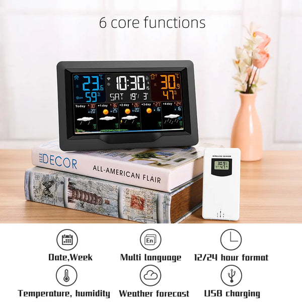 Tuya WIFI Weather Station Digital Color Screen Thermometer Hygrometer Online Weather Forecast Trend Wall Alarm Clock RF Sensor