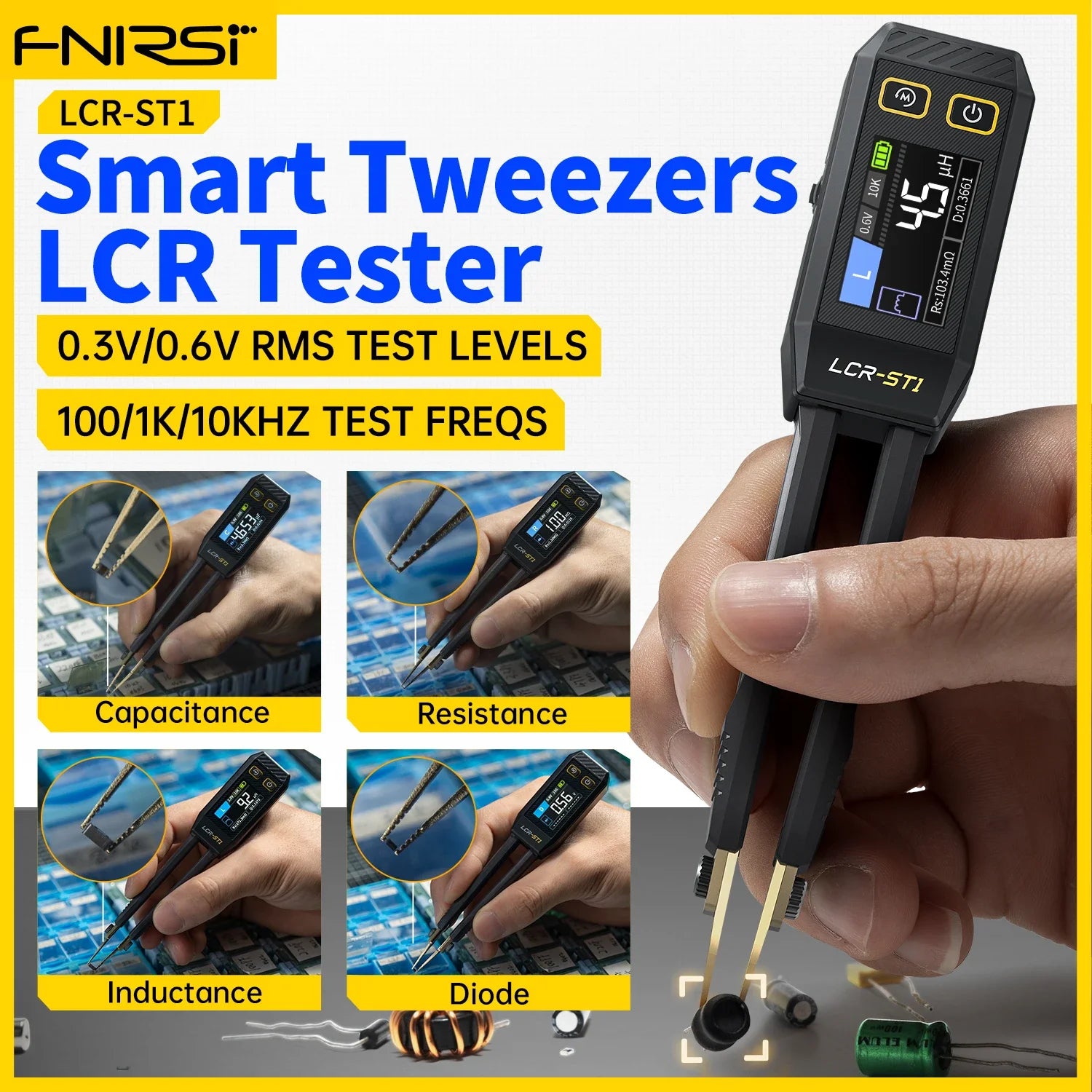 FNIRSI LCR-ST1  Smart Tweezer Mini Tester LCR SMD ESR Capacitance Resistance Inductance Continuity Diode Measurement  Tester Tool