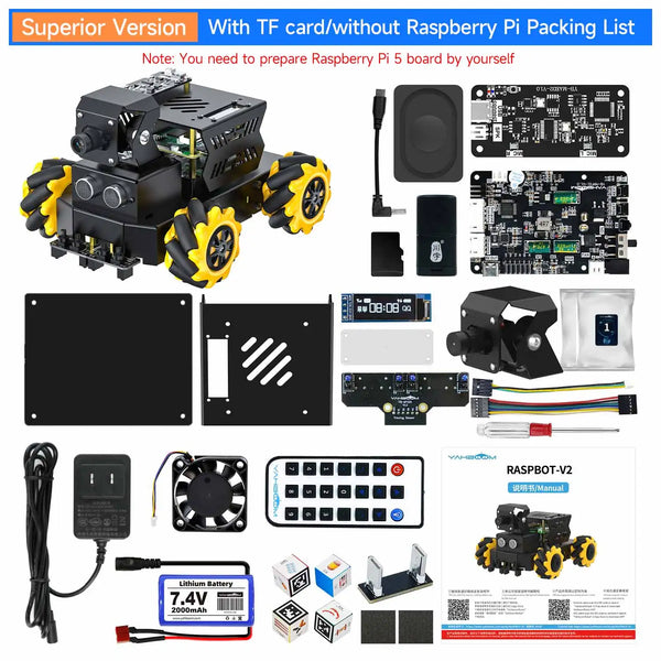Yahboom 4WD Raspbot V2 AI Large Model Robot Kit for Raspberry Pi 5 Beginners Educational Project ROS2-Humble Python Programming