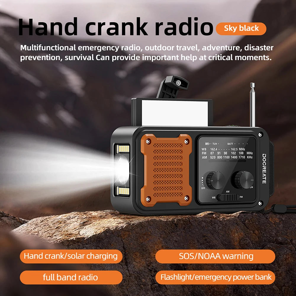 DC 5V 2A 7-in-1 87-108MHZ Multi-Function Emergency Radio: AM/FM/WB Full-Band Portable Radio with USB-C Interface