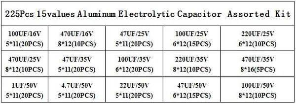 225Pcs/Box Capacitor Kit DIP Aluminum Electrolytic Capacitors Set 15Values 16V-50V 1uF-470uF Assorted Kit Storage Low