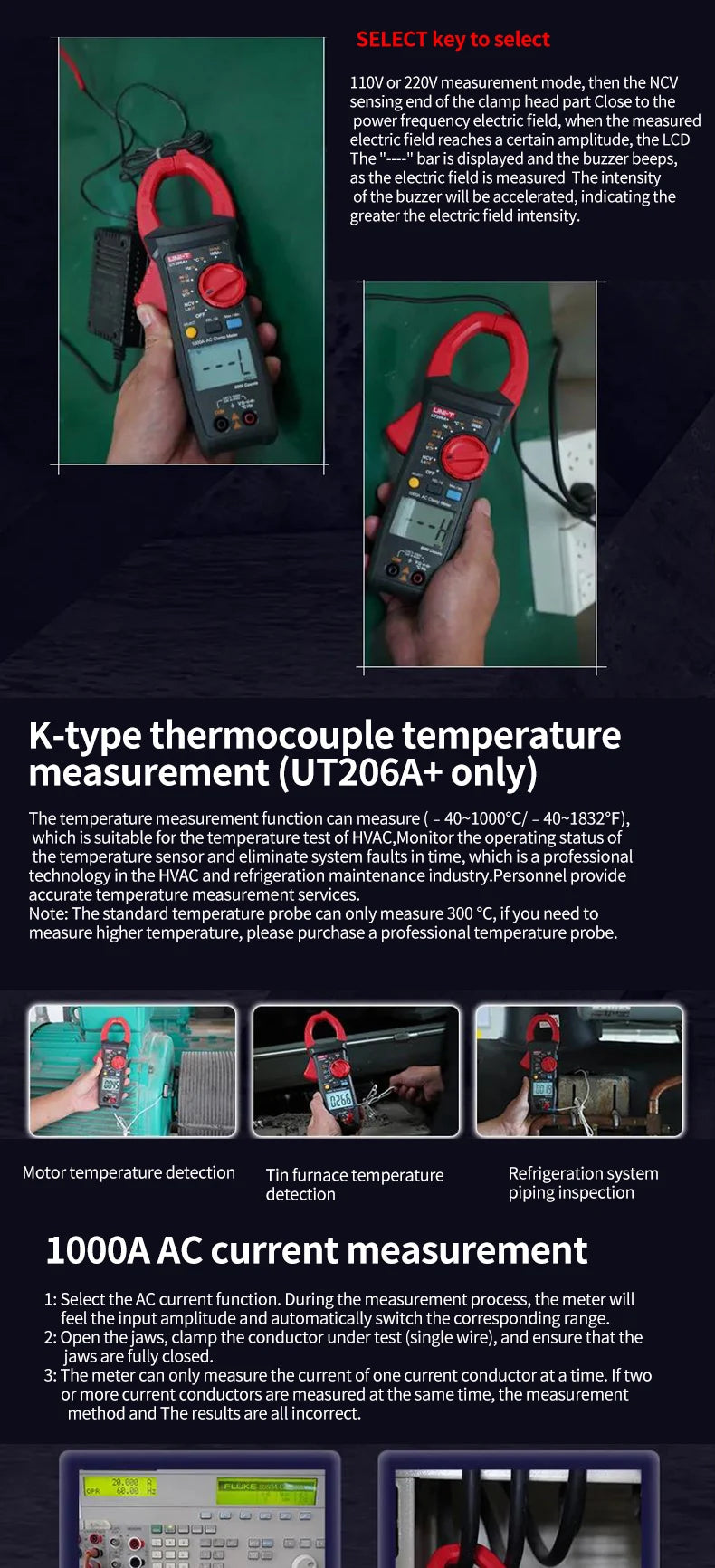 UNI-T UT205A+ UT206A+ Digital Clamp Meter 1000V AC DC Current Pliers Clamps Voltage Tester Ammeter Resistance Temperature Test