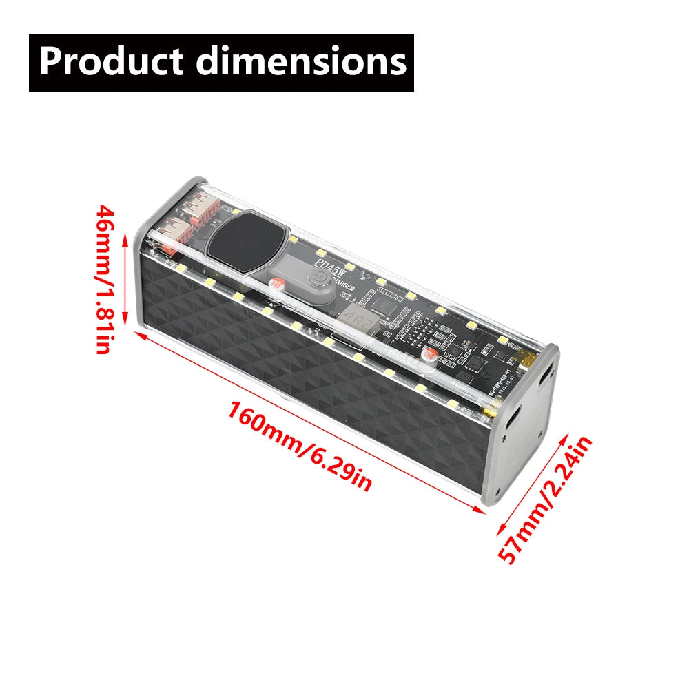 8*18650 Battery Case PD 45W Super Fast Charging Transparent Rechargeable Case Weldless Box With Outdoor Light