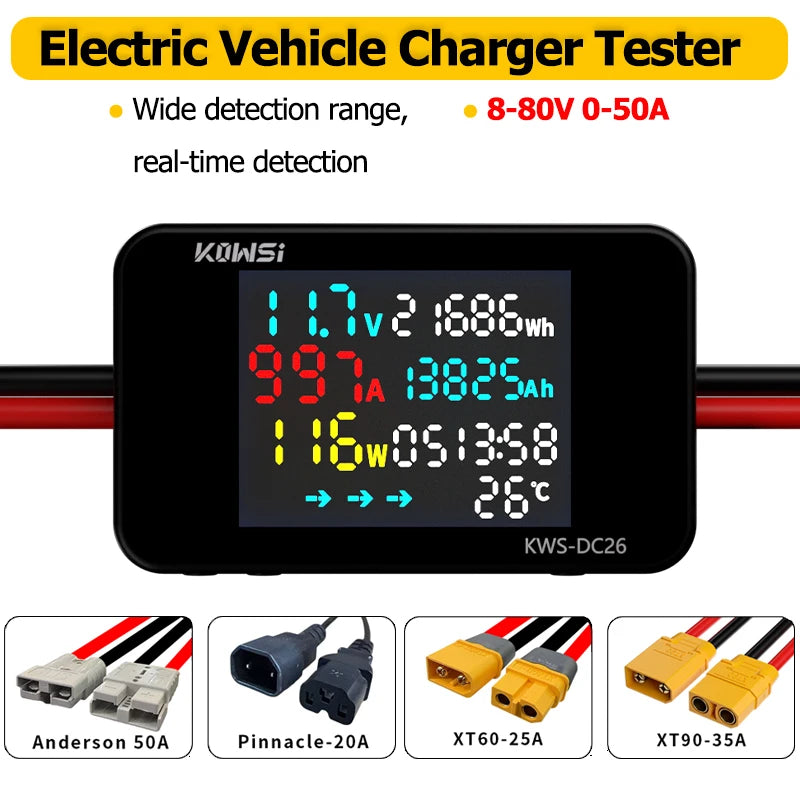 Battery Charging Tester Voltmeter Ammeter DC8-80V Voltage Current Power Test XT60 XT90 Interface For Electric Vehicle Motorcycle
