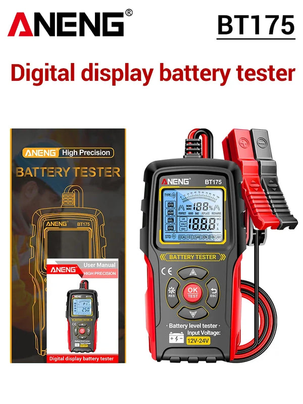 ANENG BT175 12V 24V Car Battery Tester Digital Alternator Automotive Analyzer Display Screen With Insulated Alligator Clip Tools
