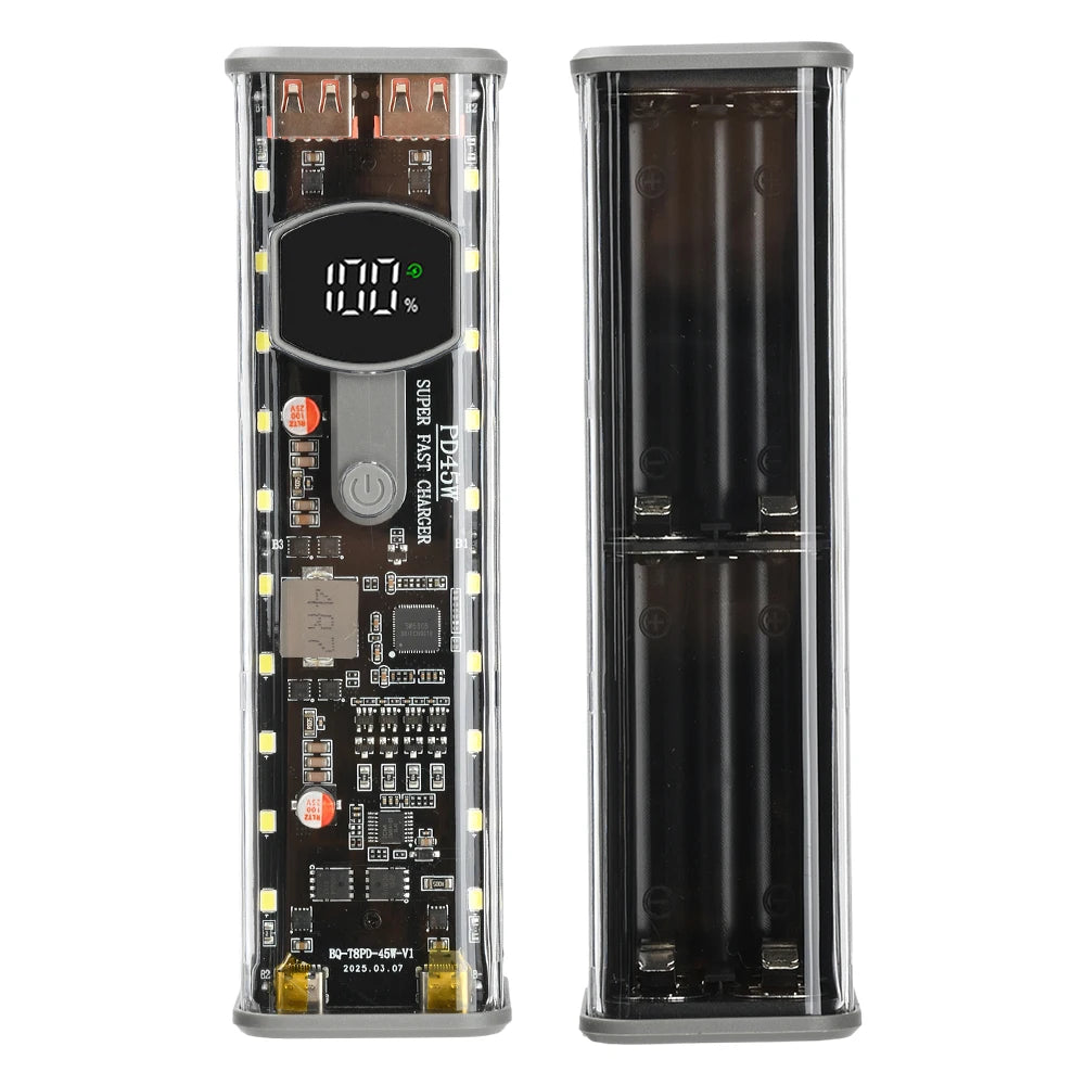 8*18650 Battery Case PD 45W Super Fast Charging Transparent Rechargeable Case Weldless Box With Outdoor Light